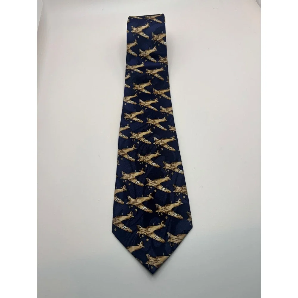 Fratello Mens Navy Blue Vintage Propeller Airplane Aviation Print Silk-Look Tie